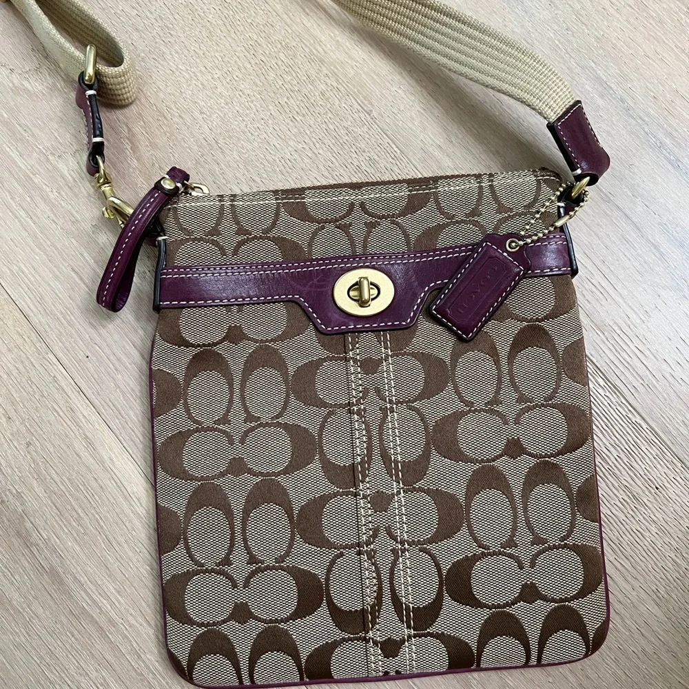 Coach Brown Signature Canvas Crossbody with Plum Trim - Picture 3 of 4
